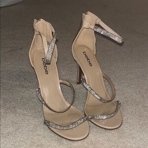Bebe Beige Rhinestone Strappy Heels